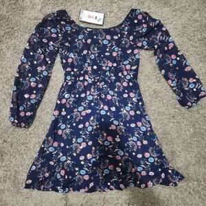 Girls' Navy Floral Long-Sleeve Casual Dress with Pink & Light Blue Flowers